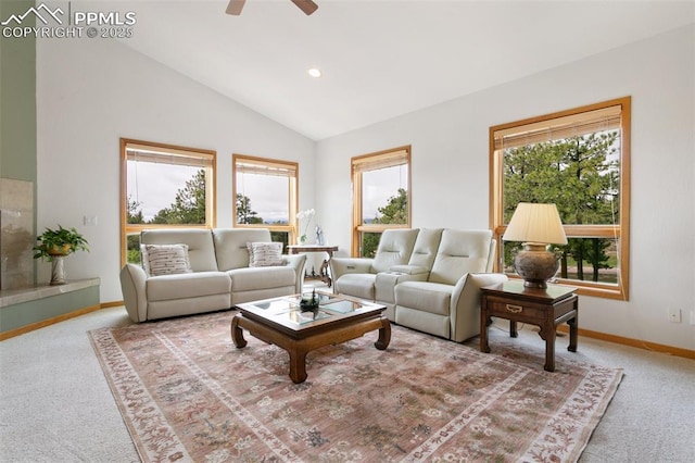17575 Minglewood Trl, Monument, CO 80132 - living room with carpet floors, ceiling fan, lofted ceiling, baseboards, and recessed lighting