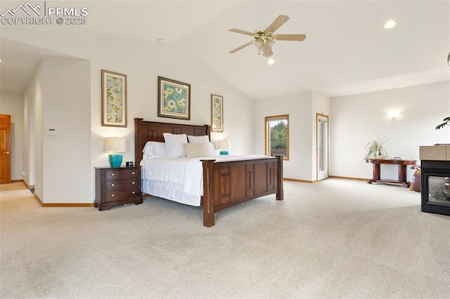 17575 Minglewood Trl, Monument, CO 80132 - bedroom featuring baseboards, light carpet, lofted ceiling, recessed lighting, and a ceiling fan