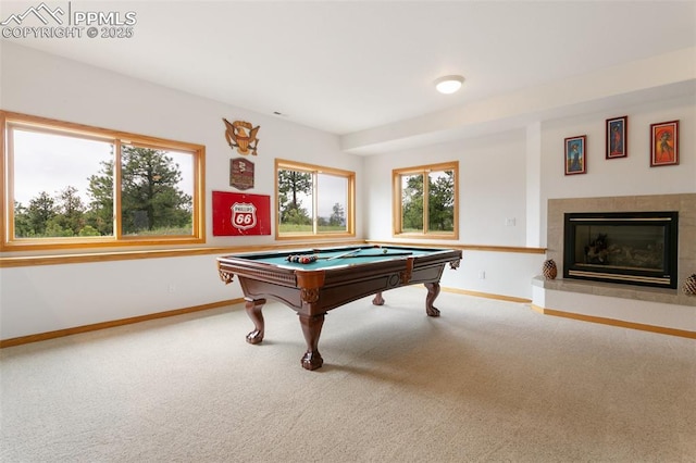 17575 Minglewood Trl, Monument, CO 80132 - playroom featuring carpet floors, pool table, baseboards, and a fireplace