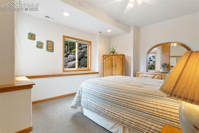 17575 Minglewood Trl, Monument, CO 80132 - bedroom with carpet flooring, baseboards, recessed lighting, and ceiling fan