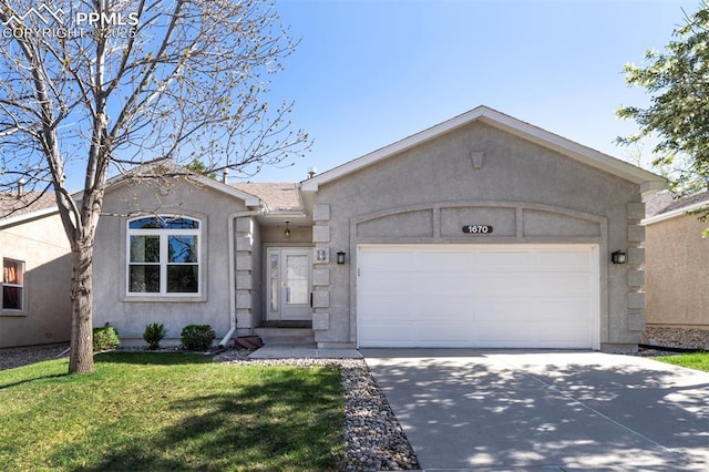 1670 Pinon Glen Cir, Colorado Springs, CO 80919 - single story home featuring concrete driveway, stucco siding, an attached garage, and a front lawn