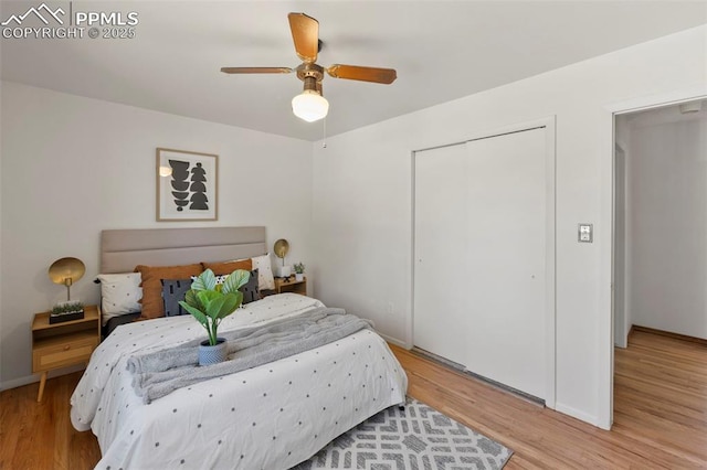 514 Dexter St, Colorado Springs, CO 80911 - bedroom featuring light wood-type flooring, baseboards, a closet, and ceiling fan