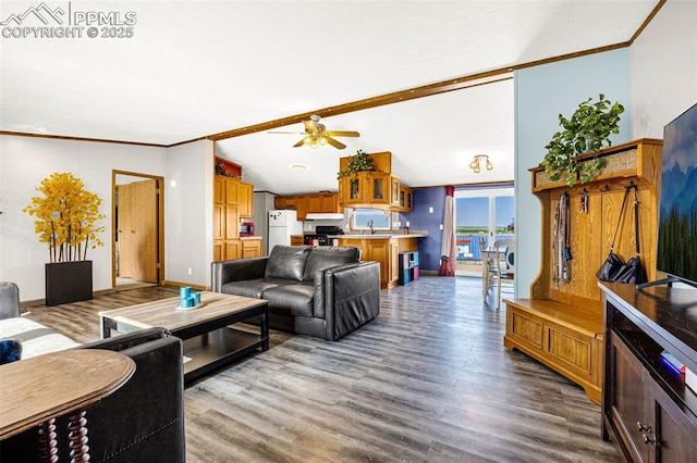 20625 El Nino Pt, Fountain, CO 80817 - living area with wood finished floors, ceiling fan, crown molding, lofted ceiling, and baseboards
