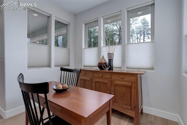 dining area featuring baseboards and light wood finished floors