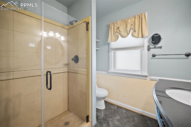 806 E Platte Ave, Colorado Springs, CO 80903 - bathroom featuring a stall shower, toilet, tile patterned flooring, and baseboards