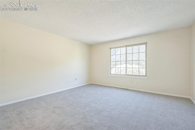 spare room with carpet, a textured ceiling, and baseboards