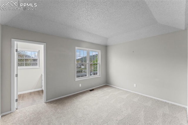 carpeted empty room with a textured ceiling, healthy amount of natural light, and baseboards