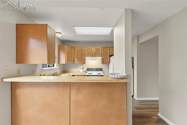 kitchen featuring electric stove, exhaust hood, dark wood finished floors, a peninsula, and a sink