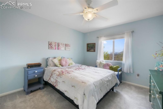 bedroom with light carpet, baseboards, and ceiling fan