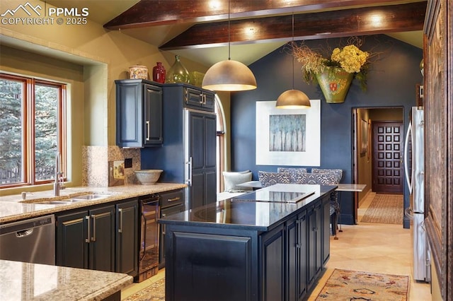 3285 El Pomar Rd, Colorado Springs, CO 80906 - kitchen with appliances with stainless steel finishes, a sink, wine cooler, a center island, and decorative light fixtures