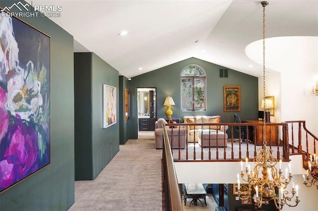 3285 El Pomar Rd, Colorado Springs, CO 80906 - hallway featuring carpet, lofted ceiling, a chandelier, and recessed lighting