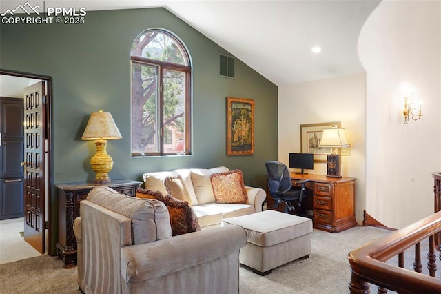 3285 El Pomar Rd, Colorado Springs, CO 80906 - living area with light carpet, lofted ceiling, and recessed lighting