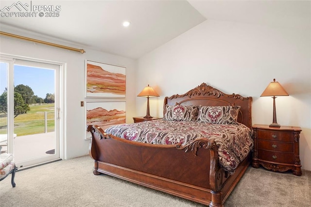 3285 El Pomar Rd, Colorado Springs, CO 80906 - carpeted bedroom with access to exterior, lofted ceiling, and recessed lighting