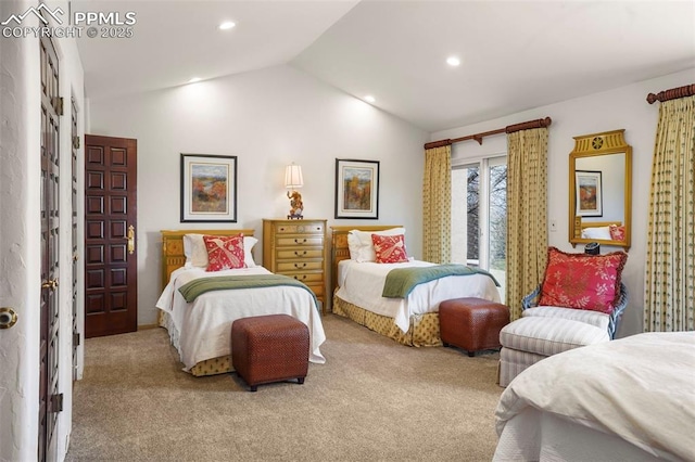 3285 El Pomar Rd, Colorado Springs, CO 80906 - bedroom featuring carpet, vaulted ceiling, and recessed lighting