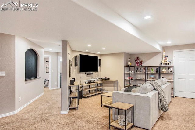 1828 Aquamarine Ct, Castle Rock, CO 80108 - living room featuring light carpet, recessed lighting, and baseboards