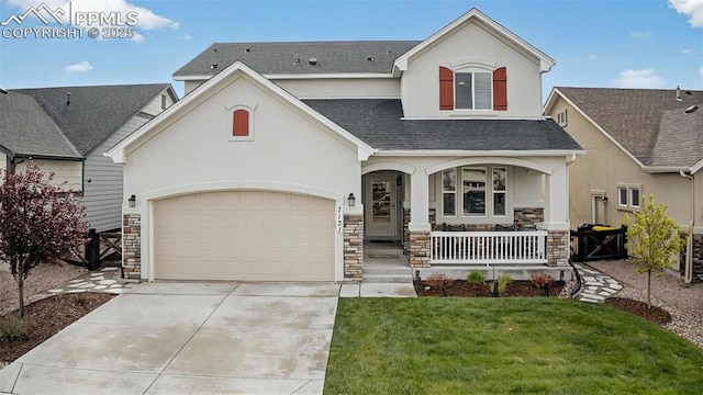 view of front of house featuring covered porch, stucco siding, and concrete driveway