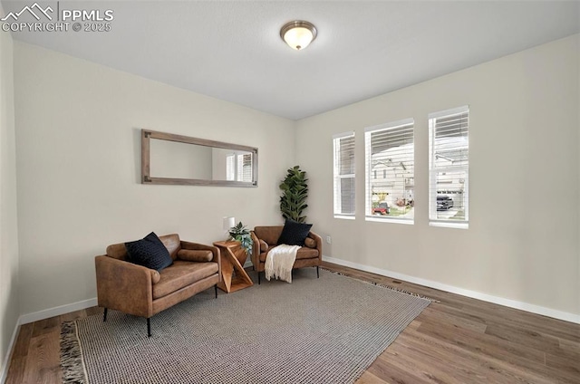 living area featuring wood finished floors and baseboards