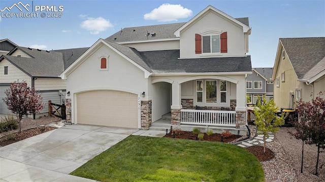 view of front of home featuring a porch, stucco siding, roof with shingles, concrete driveway, and a garage