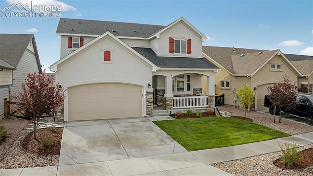 view of front of house with a porch, stucco siding, driveway, roof with shingles, and a garage