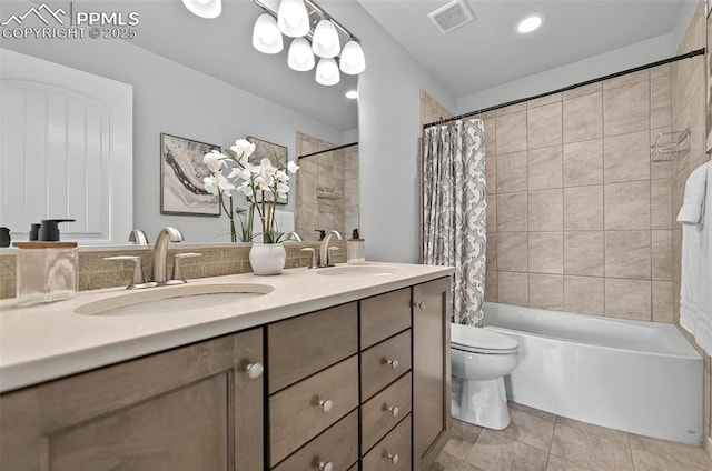bathroom with shower / tub combo with curtain, toilet, tile patterned floors, double vanity, and recessed lighting