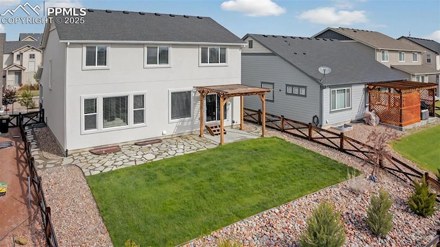 back of property with a pergola, a patio, stucco siding, and a residential view