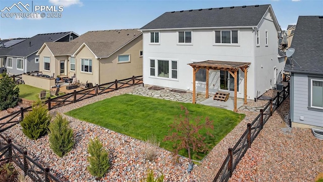rear view of property featuring a patio area, a pergola, stucco siding, and a residential view
