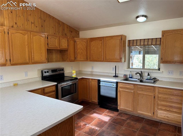 110 Yucca Ave, Florence, CO 81226 - kitchen with black dishwasher, stainless steel electric range, a sink, lofted ceiling, and light countertops