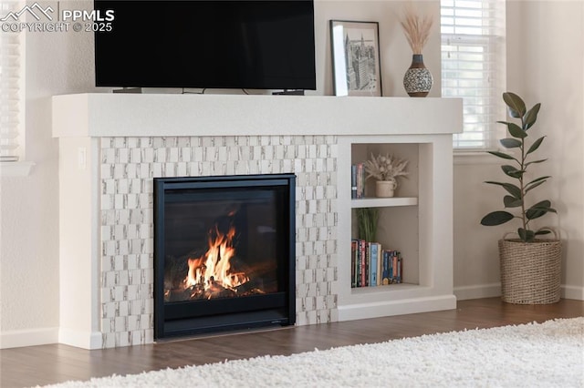 detailed view of wood finished floors, a fireplace, and baseboards