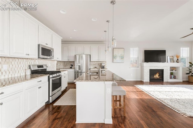kitchen featuring appliances with stainless steel finishes, open floor plan, tasteful backsplash, white cabinetry, and light stone counters