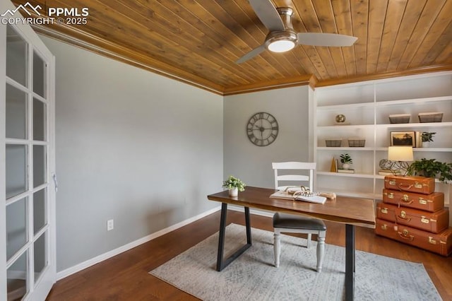 2530 White Rock Ln, Colorado Springs, CO 80904 - home office with wooden ceiling, ornamental molding, a ceiling fan, baseboards, and wood finished floors