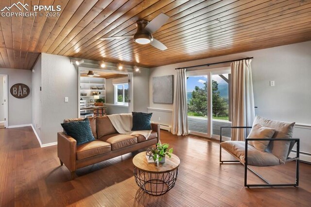 2530 White Rock Ln, Colorado Springs, CO 80904 - living area featuring wood ceiling, a ceiling fan, baseboards, and wood finished floors