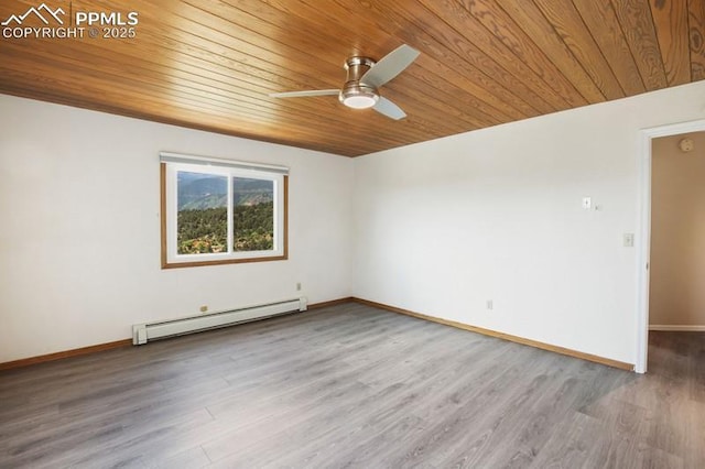 2530 White Rock Ln, Colorado Springs, CO 80904 - spare room with wood ceiling, a baseboard heating unit, a ceiling fan, wood finished floors, and baseboards