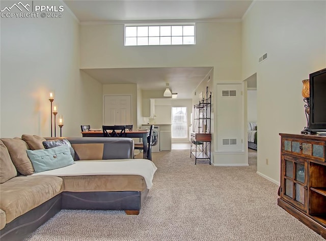 3425 Rebecca Ln Unit H, Colorado Springs, CO 80917 - carpeted living room featuring a towering ceiling, healthy amount of natural light, baseboards, and crown molding