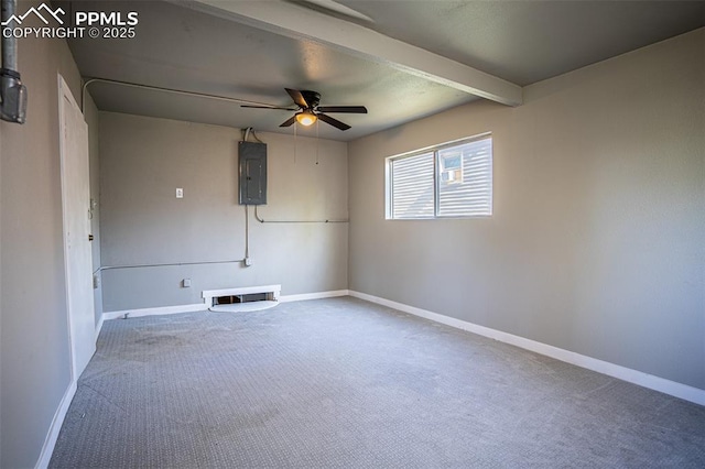 1701 Grant Ave, Colorado Springs, CO 80909 - carpeted empty room with a ceiling fan, electric panel, beamed ceiling, and baseboards