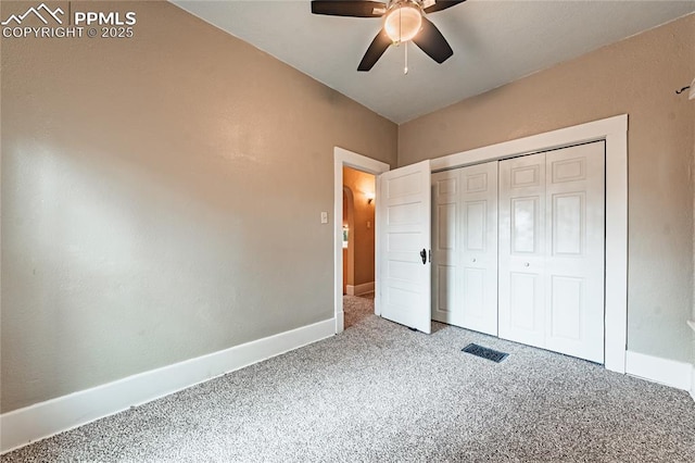 427 N Walnut St, Colorado Springs, CO 80907 - unfurnished bedroom featuring carpet, baseboards, a closet, and a ceiling fan
