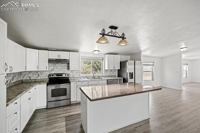9775 Indian Village Hts, Fountain, CO 80817 - kitchen with appliances with stainless steel finishes, under cabinet range hood, decorative backsplash, a sink, and white cabinetry