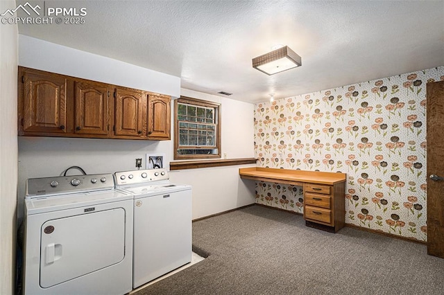 7210 Antelope Ln, Colorado Springs, CO 80920 - laundry area with washer and dryer, cabinet space, wallpapered walls, carpet, and baseboards