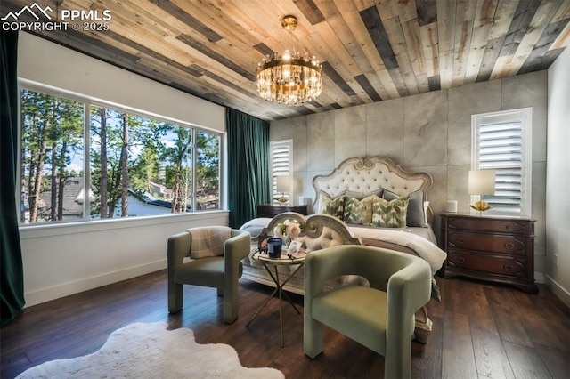 bedroom with multiple windows, baseboards, a chandelier, hardwood / wood-style flooring, and wooden ceiling