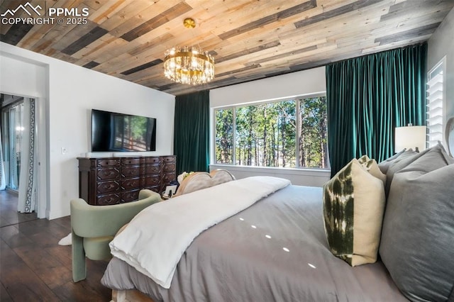 bedroom featuring wood ceiling, hardwood / wood-style floors, and a chandelier