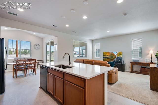 16470 Mountain Flax Dr, Monument, CO 80132 - kitchen featuring a sink, dishwasher, recessed lighting, open floor plan, and light countertops