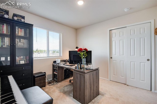 16470 Mountain Flax Dr, Monument, CO 80132 - home office with light carpet, baseboards, and recessed lighting