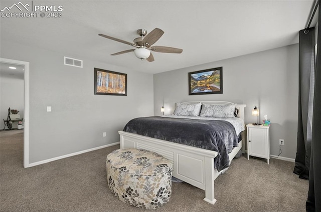 bedroom featuring carpet flooring, baseboards, and a ceiling fan