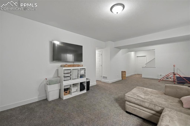 carpeted living room featuring baseboards