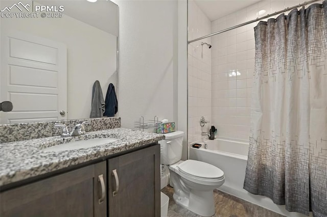 bathroom with shower / bathtub combination with curtain, toilet, wood finished floors, and vanity