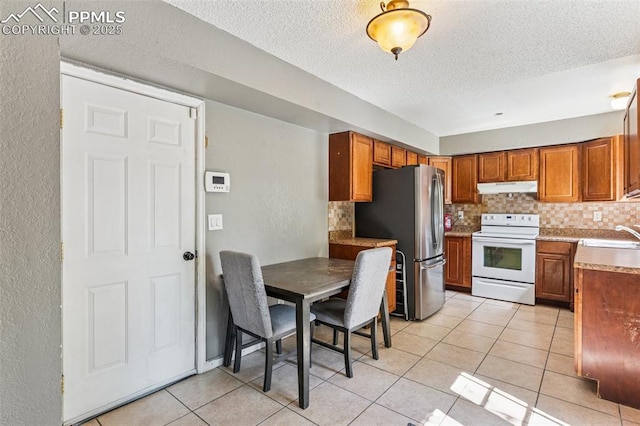 604 Blossom Field Rd, Fountain, CO 80817 - kitchen featuring white electric range oven, under cabinet range hood, freestanding refrigerator, tasteful backsplash, and a textured ceiling