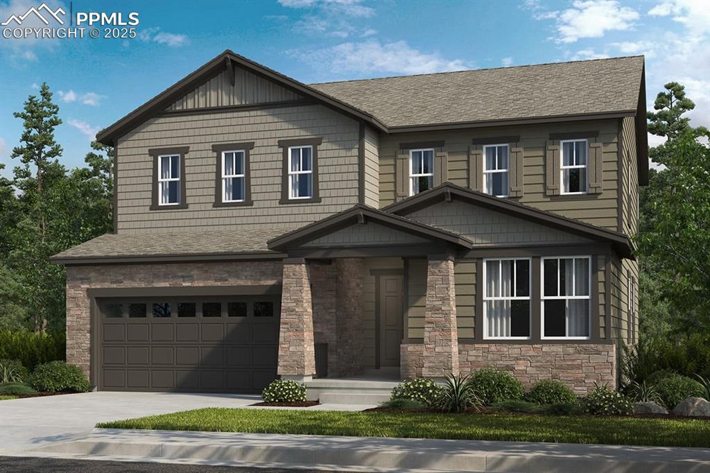 craftsman-style home with an attached garage, stone siding, driveway, and roof with shingles