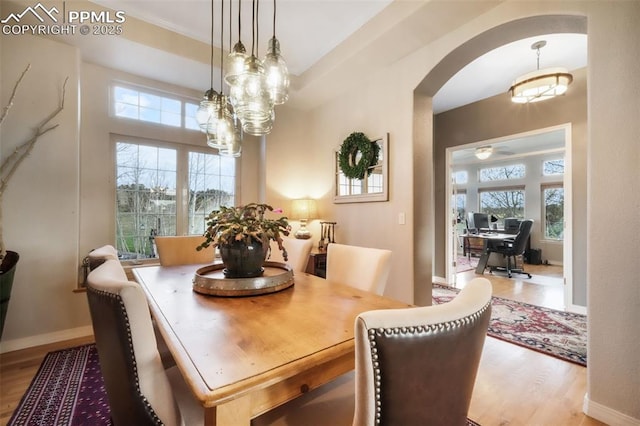 dining space with arched walkways, wood finished floors, plenty of natural light, and a desk