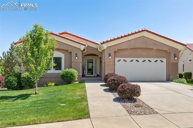 2744 La Strada Grande Hts, Colorado Springs, CO 80906 - view of front of home with a garage, a front lawn, concrete driveway, a tiled roof, and stucco siding