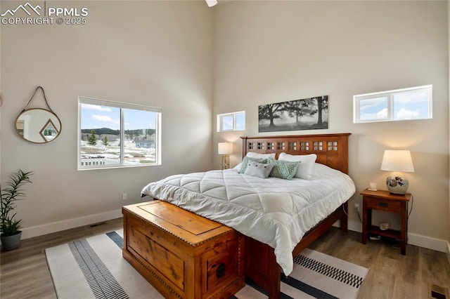 bedroom featuring baseboards, wood finished floors, and a towering ceiling