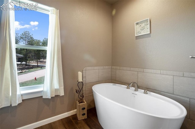 bathroom with wood finished floors and a freestanding tub